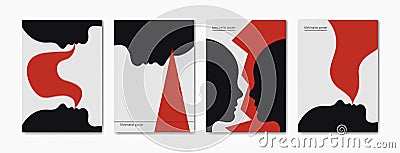 A set of minimalist red and black color posters on the topic of relationships, communication, podcast, research, discussion. Vector Illustration